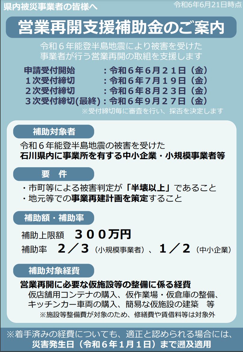 営業再開支援補助金のパンフレット